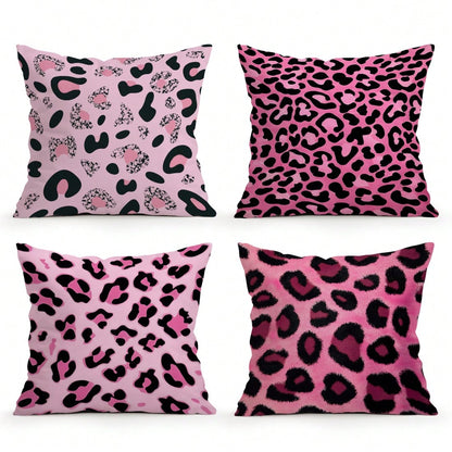 4pcs Black & Pink Leopard Print Pillow Covers, Single-Sided Printed Pillow Covers, Suitable For Living Room Bedroom Home Decor, All Season Pillow Covers