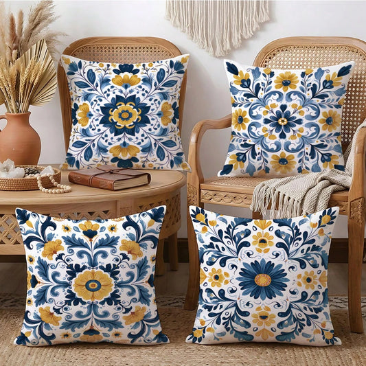 4pcs Bohemian Style Symmetric Mandala Geometric Floral Print Pillow Covers [No Pillow Insert], 17.7*17.7in(45*45cm)/19.69*19.69in(50*50cm)/15.75*15.75in(40*40cm), [Single-Sided Printing], Made Of Poly