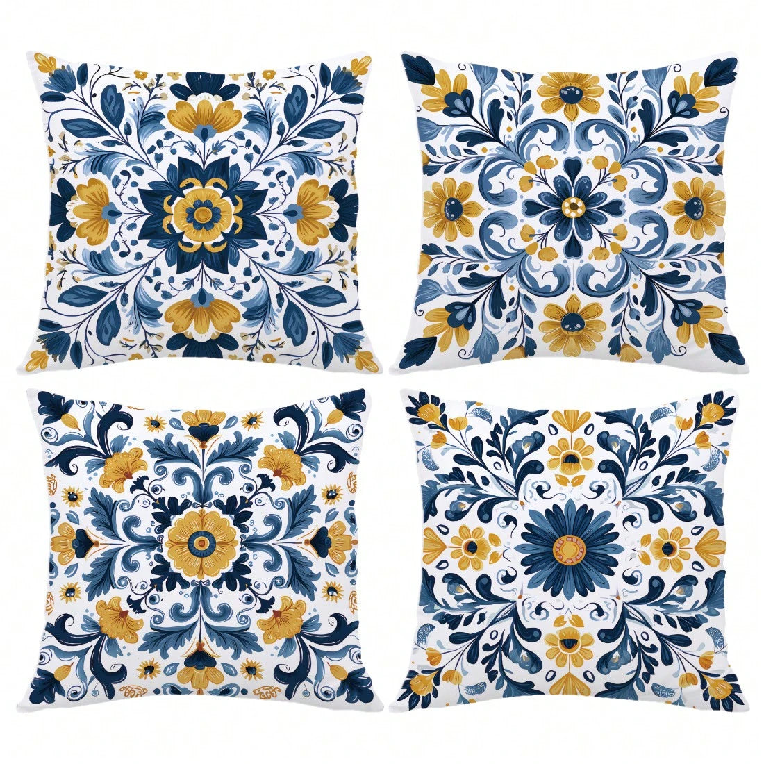 4pcs Bohemian Style Symmetric Mandala Geometric Floral Print Pillow Covers [No Pillow Insert], 17.7*17.7in(45*45cm)/19.69*19.69in(50*50cm)/15.75*15.75in(40*40cm), [Single-Sided Printing], Made Of Poly