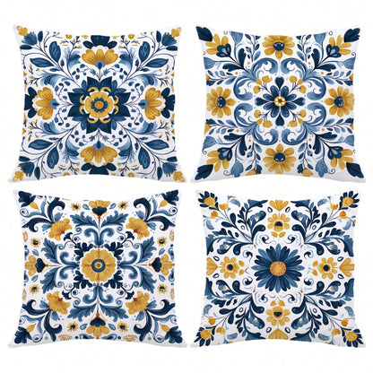 4pcs Bohemian Style Symmetric Mandala Geometric Floral Print Pillow Covers [No Pillow Insert], 17.7*17.7in(45*45cm)/19.69*19.69in(50*50cm)/15.75*15.75in(40*40cm), [Single-Sided Printing], Made Of Poly