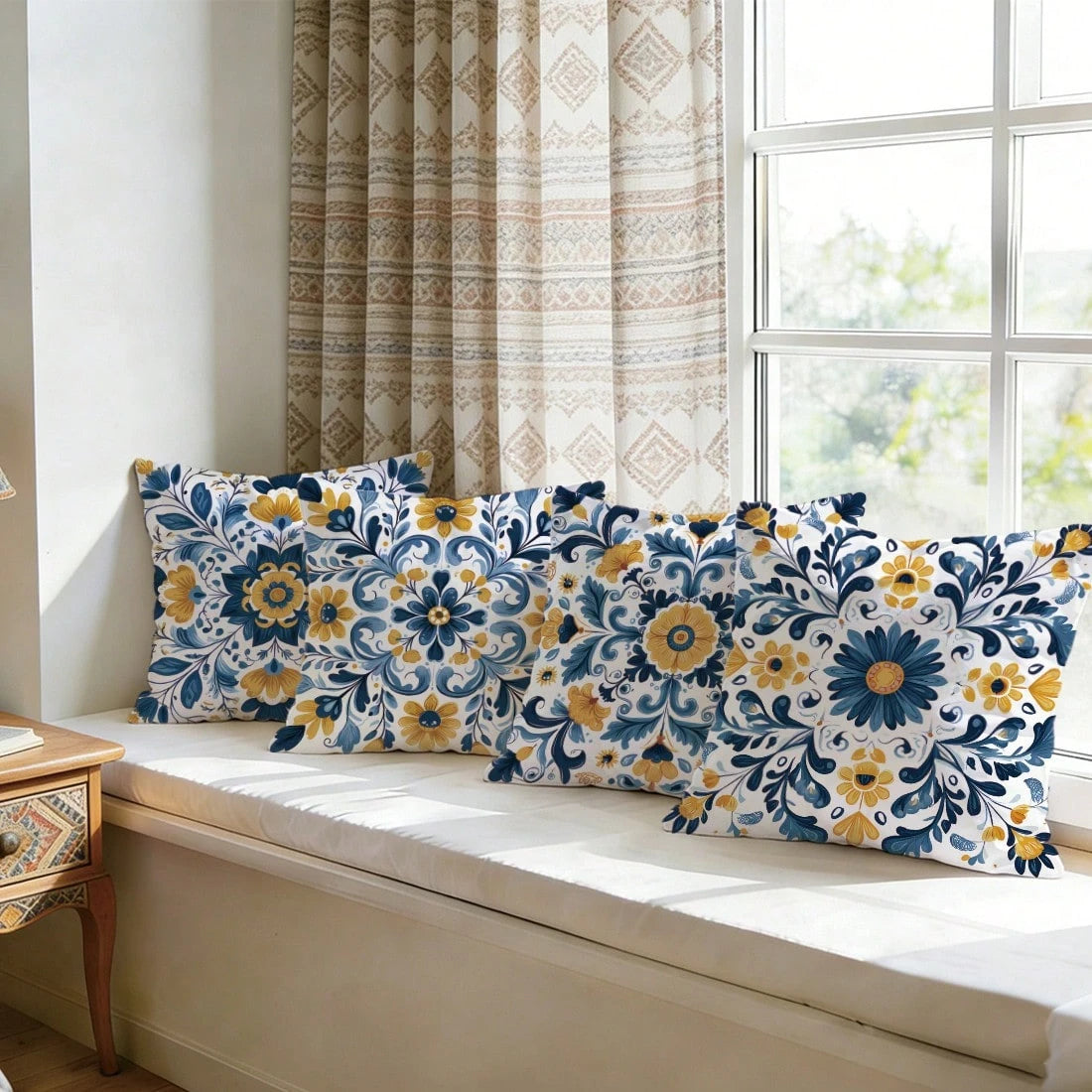 4pcs Bohemian Style Symmetric Mandala Geometric Floral Print Pillow Covers [No Pillow Insert], 17.7*17.7in(45*45cm)/19.69*19.69in(50*50cm)/15.75*15.75in(40*40cm), [Single-Sided Printing], Made Of Poly