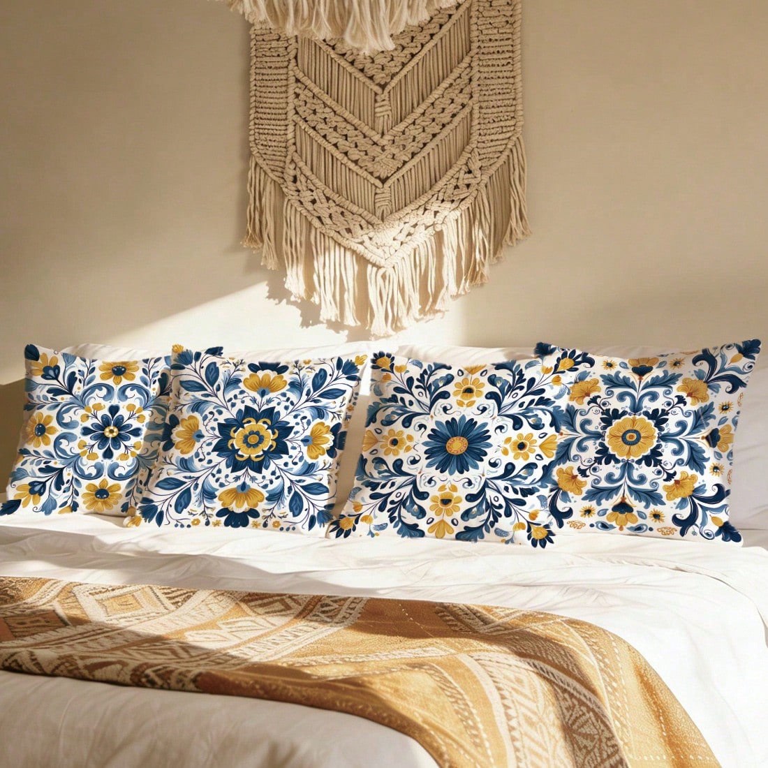 4pcs Bohemian Style Symmetric Mandala Geometric Floral Print Pillow Covers [No Pillow Insert], 17.7*17.7in(45*45cm)/19.69*19.69in(50*50cm)/15.75*15.75in(40*40cm), [Single-Sided Printing], Made Of Poly
