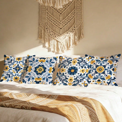 4pcs Bohemian Style Symmetric Mandala Geometric Floral Print Pillow Covers [No Pillow Insert], 17.7*17.7in(45*45cm)/19.69*19.69in(50*50cm)/15.75*15.75in(40*40cm), [Single-Sided Printing], Made Of Poly