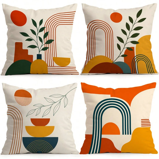 4pcs Bohemian Vintage Geometric Pattern Single-Sided Printed Throw Pillow Covers/Cushion Covers, Multi-Scene Atmosphere Decor Pillow Covers Suitable For Living Room Sofa Bedroom, Pillow Inserts Not In