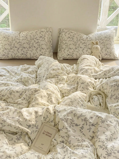4pcs Branch Blossom Duvet Cover Set (1*Duvet Cover + 1*Bed Sheet + 2*Pillowcases, No Filling) Fresh Floral Grey Branch Leaves Solid Color Bed Sheet Valentine's Day Daily Use 100% Polyester Fiber All S