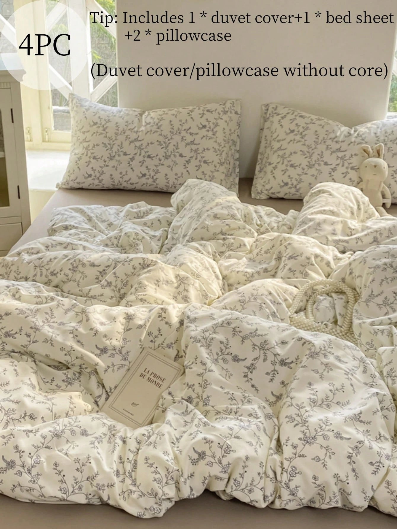 4pcs Branch Blossom Duvet Cover Set (1*Duvet Cover + 1*Bed Sheet + 2*Pillowcases, No Filling) Fresh Floral Grey Branch Leaves Solid Color Bed Sheet Valentine's Day Daily Use 100% Polyester Fiber All S