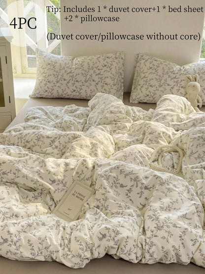 4pcs Branch Blossom Duvet Cover Set (1*Duvet Cover + 1*Bed Sheet + 2*Pillowcases, No Filling) Fresh Floral Grey Branch Leaves Solid Color Bed Sheet Valentine's Day Daily Use 100% Polyester Fiber All S