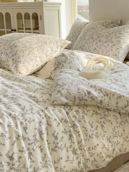 4pcs Branch Blossom Duvet Cover Set (1*Duvet Cover + 1*Bed Sheet + 2*Pillowcases, No Filling) Fresh Floral Grey Branch Leaves Solid Color Bed Sheet Valentine's Day Daily Use 100% Polyester Fiber All S