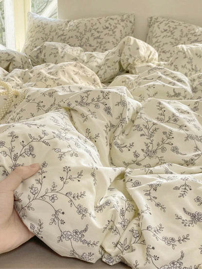 4pcs Branch Blossom Duvet Cover Set (1*Duvet Cover + 1*Bed Sheet + 2*Pillowcases, No Filling) Fresh Floral Grey Branch Leaves Solid Color Bed Sheet Valentine's Day Daily Use 100% Polyester Fiber All S