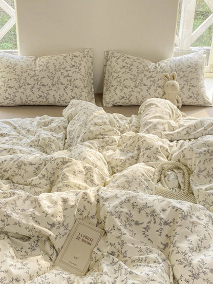 4pcs Branch Blossom Duvet Cover Set (1*Duvet Cover + 1*Bed Sheet + 2*Pillowcases, No Filling) Fresh Floral Grey Branch Leaves Solid Color Bed Sheet Valentine's Day Daily Use 100% Polyester Fiber All S