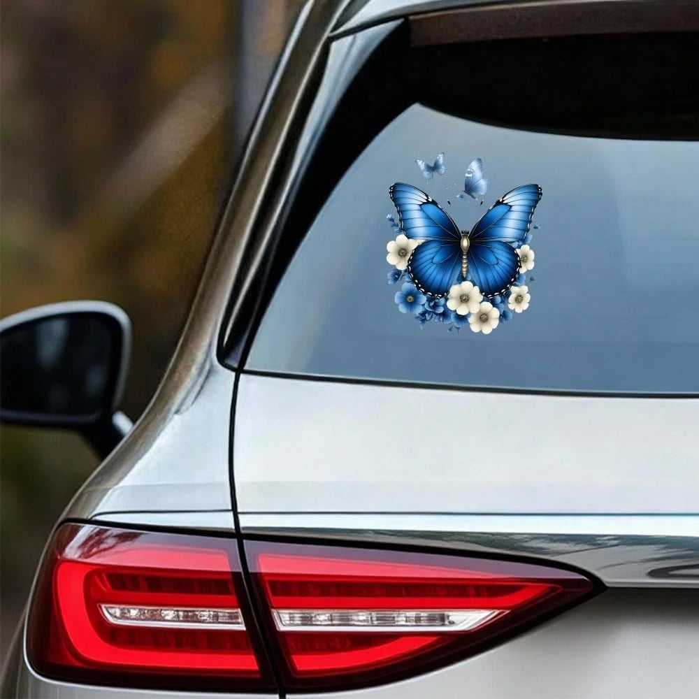4pcs Car Stickers And Decals, Car Window Decals Vinyl, Blue Butterfly With White Flowers And Small Butterflies Automotive Decals,Funny Bumper Stickers