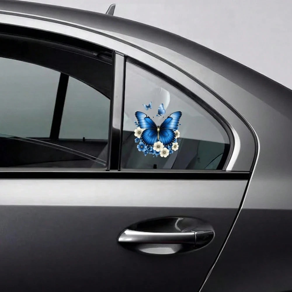 4pcs Car Stickers And Decals, Car Window Decals Vinyl, Blue Butterfly With White Flowers And Small Butterflies Automotive Decals,Funny Bumper Stickers