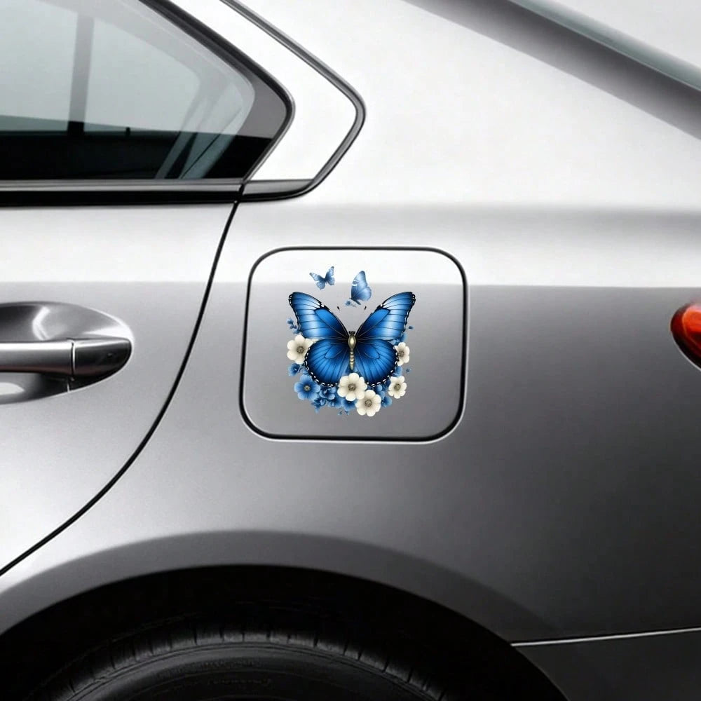 4pcs Car Stickers And Decals, Car Window Decals Vinyl, Blue Butterfly With White Flowers And Small Butterflies Automotive Decals,Funny Bumper Stickers