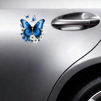 4pcs Car Stickers And Decals, Car Window Decals Vinyl, Blue Butterfly With White Flowers And Small Butterflies Automotive Decals,Funny Bumper Stickers