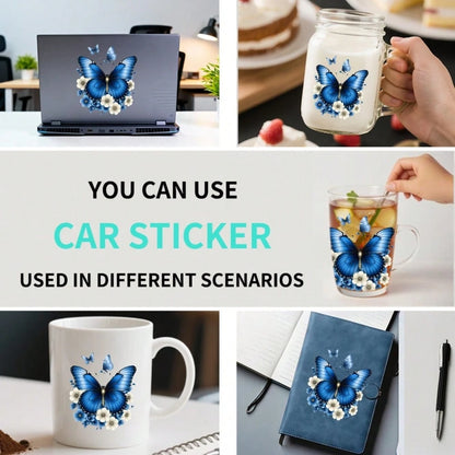 4pcs Car Stickers And Decals, Car Window Decals Vinyl, Blue Butterfly With White Flowers And Small Butterflies Automotive Decals,Funny Bumper Stickers