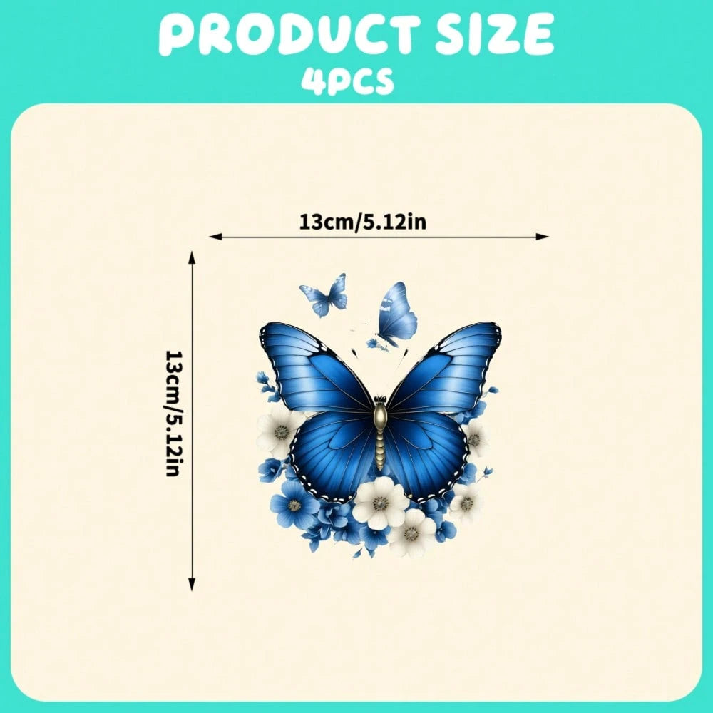 4pcs Car Stickers And Decals, Car Window Decals Vinyl, Blue Butterfly With White Flowers And Small Butterflies Automotive Decals,Funny Bumper Stickers