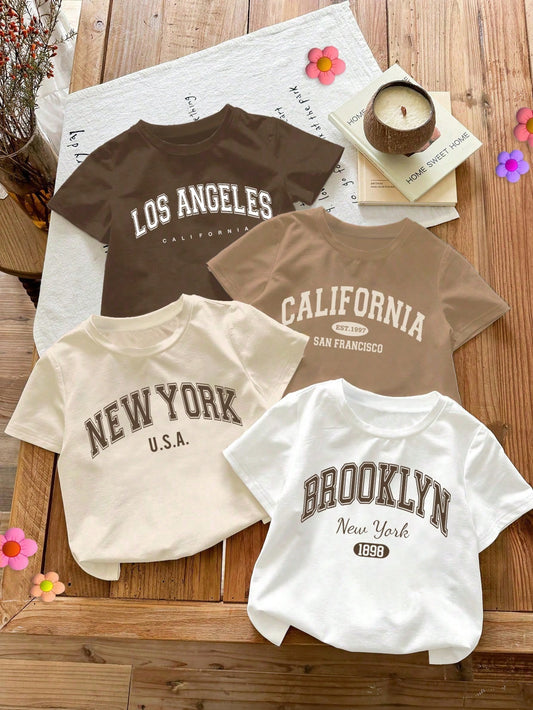 4pcs Cream & Beige Vintage Letter Graphic Round Neck Short Sleeve Basic T-Shirts