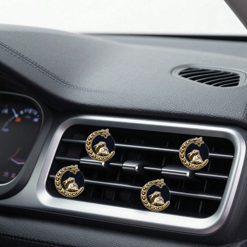 4pcs Electroplated Gold Moon Rabbit Car Air Vent Decor, Premium Elegant Minimalist, Suitable For Women's Car Interior Accessories, Ideal Holiday Gift, Fragrance-Free- For Decoration Only