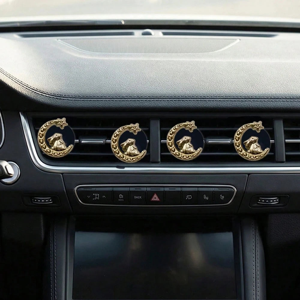 4pcs Electroplated Gold Moon Rabbit Car Air Vent Decor, Premium Elegant Minimalist, Suitable For Women's Car Interior Accessories, Ideal Holiday Gift, Fragrance-Free- For Decoration Only