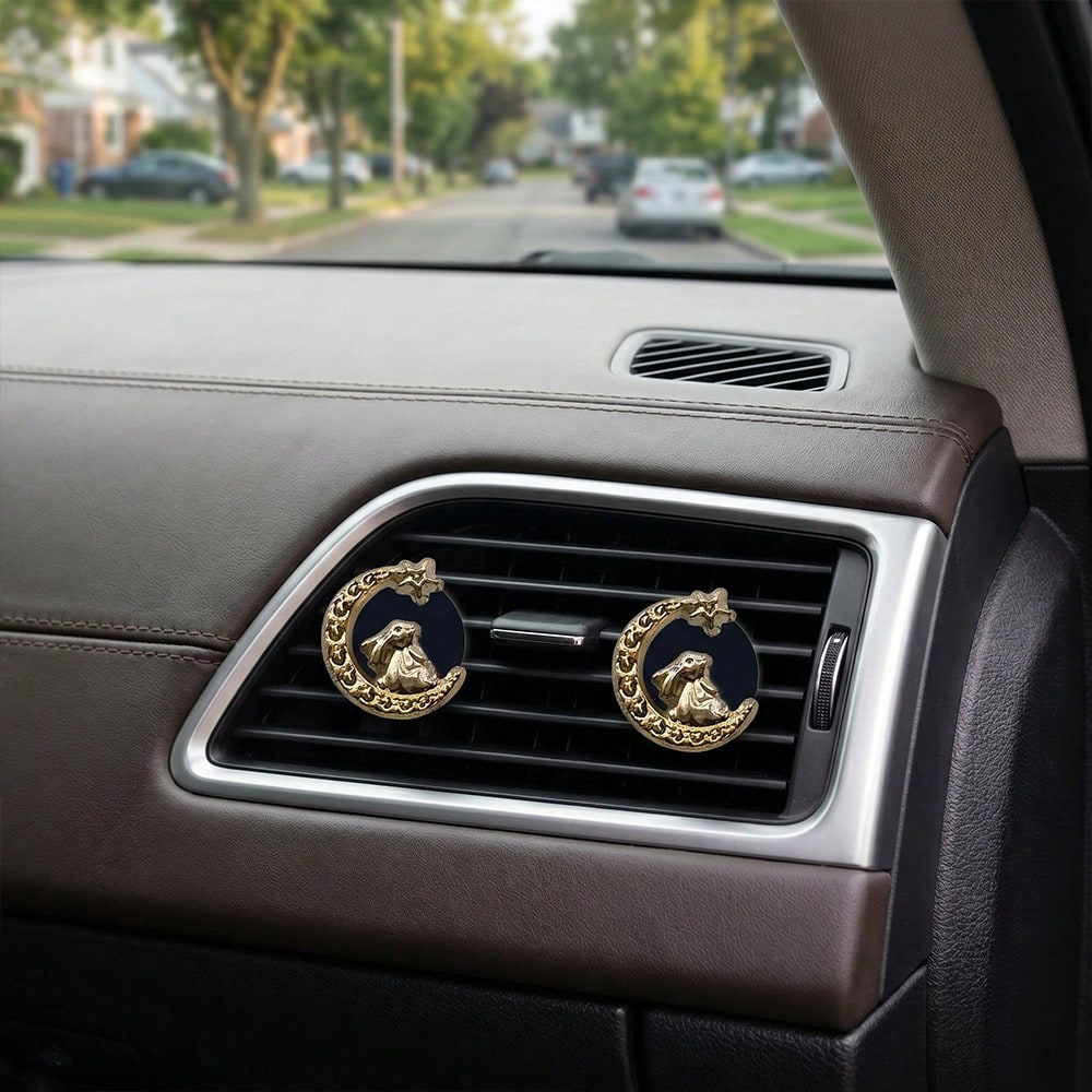 4pcs Electroplated Gold Moon Rabbit Car Air Vent Decor, Premium Elegant Minimalist, Suitable For Women's Car Interior Accessories, Ideal Holiday Gift, Fragrance-Free- For Decoration Only