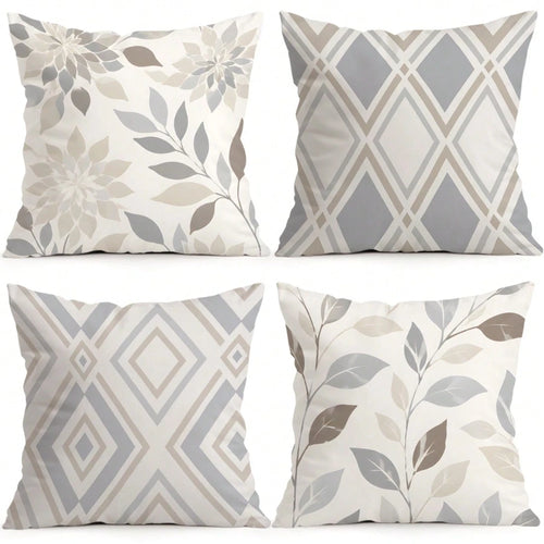 4pcs Geometric Leaf Pattern Pillow Covers Without Inserts, Single-Sided Printed Pillow Covers, Suitable For Living Room Bedroom Home Decor, All-Season Pillow Covers