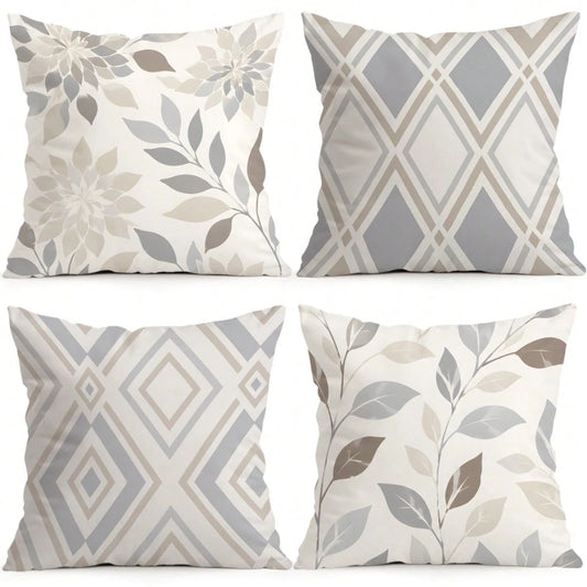 4pcs Geometric Leaf Pattern Pillow Covers Without Inserts, Single-Sided Printed Pillow Covers, Suitable For Living Room Bedroom Home Decor, All-Season Pillow Covers