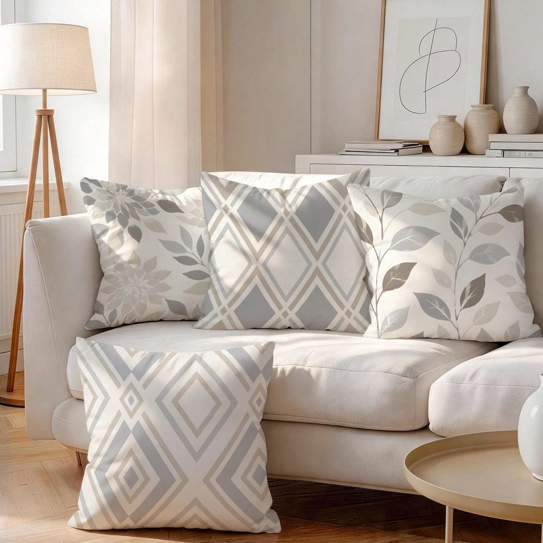4pcs Geometric Leaf Pattern Pillow Covers Without Inserts, Single-Sided Printed Pillow Covers, Suitable For Living Room Bedroom Home Decor, All-Season Pillow Covers