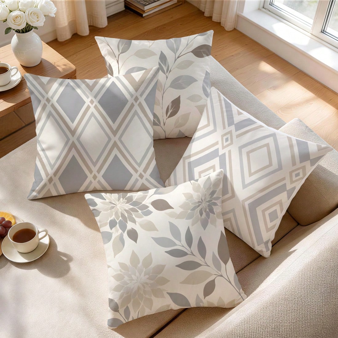 4pcs Geometric Leaf Pattern Pillow Covers Without Inserts, Single-Sided Printed Pillow Covers, Suitable For Living Room Bedroom Home Decor, All-Season Pillow Covers