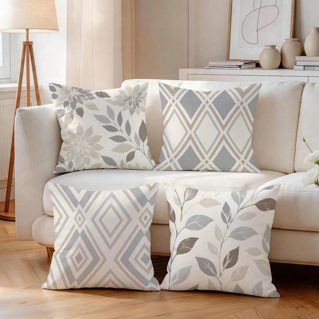 4pcs Geometric Leaf Pattern Pillow Covers Without Inserts, Single-Sided Printed Pillow Covers, Suitable For Living Room Bedroom Home Decor, All-Season Pillow Covers
