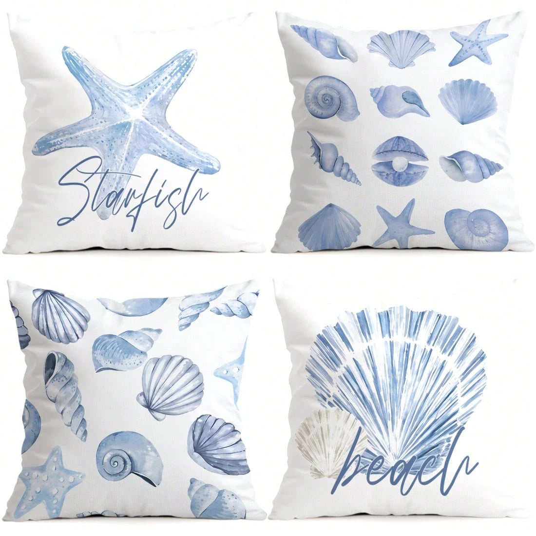 4pcs Light Blue Seashell & Starfish Pattern Pillow Covers, Single-Sided Printed Cushion Covers, Suitable For Living Room, Bedroom, Home Decor, All Seasons