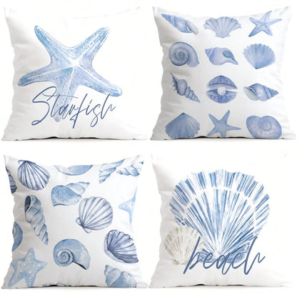 4pcs Light Blue Seashell & Starfish Pattern Pillow Covers, Single-Sided Printed Cushion Covers, Suitable For Living Room, Bedroom, Home Decor, All Seasons