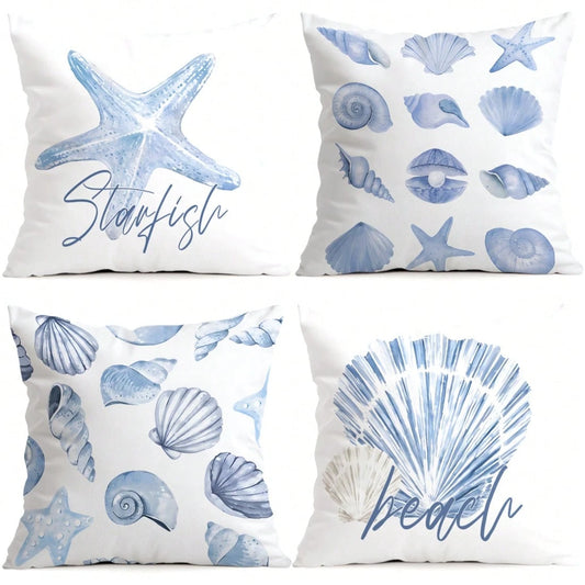 4pcs Light Blue Seashell & Starfish Pattern Pillow Covers, Single-Sided Printed Cushion Covers, Suitable For Living Room, Bedroom, Home Decor, All Seasons