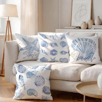 4pcs Light Blue Seashell & Starfish Pattern Pillow Covers, Single-Sided Printed Cushion Covers, Suitable For Living Room, Bedroom, Home Decor, All Seasons