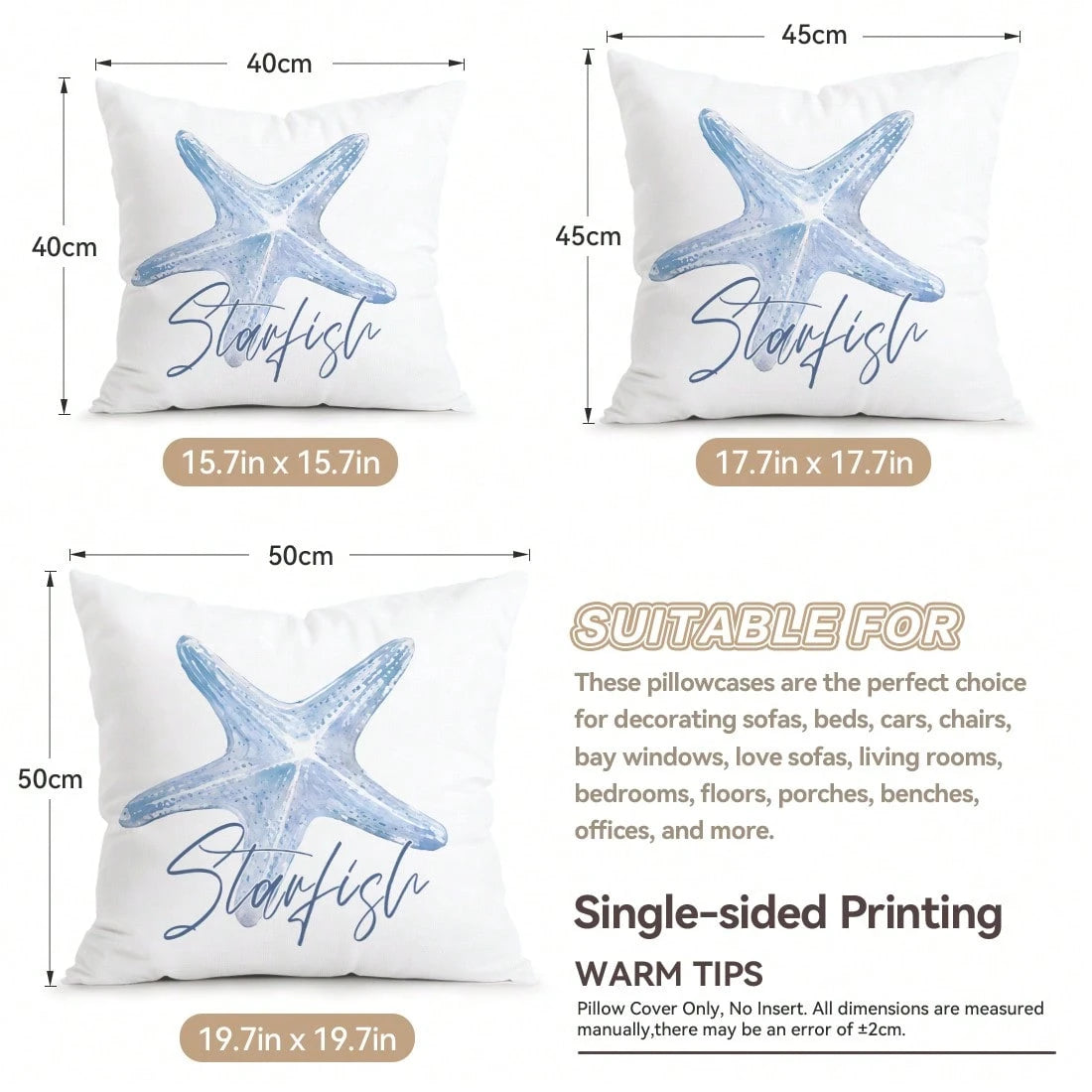 4pcs Light Blue Seashell & Starfish Pattern Pillow Covers, Single-Sided Printed Cushion Covers, Suitable For Living Room, Bedroom, Home Decor, All Seasons