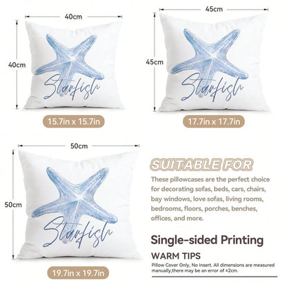 4pcs Light Blue Seashell & Starfish Pattern Pillow Covers, Single-Sided Printed Cushion Covers, Suitable For Living Room, Bedroom, Home Decor, All Seasons
