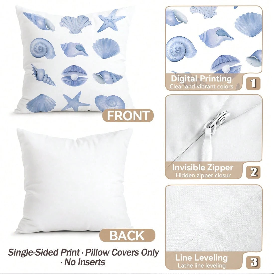 4pcs Light Blue Seashell & Starfish Pattern Pillow Covers, Single-Sided Printed Cushion Covers, Suitable For Living Room, Bedroom, Home Decor, All Seasons