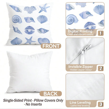 4pcs Light Blue Seashell & Starfish Pattern Pillow Covers, Single-Sided Printed Cushion Covers, Suitable For Living Room, Bedroom, Home Decor, All Seasons