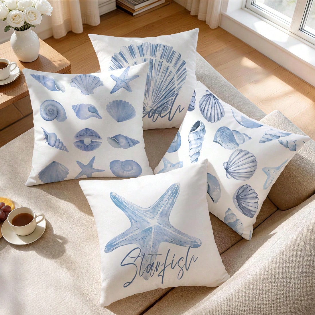 4pcs Light Blue Seashell & Starfish Pattern Pillow Covers, Single-Sided Printed Cushion Covers, Suitable For Living Room, Bedroom, Home Decor, All Seasons