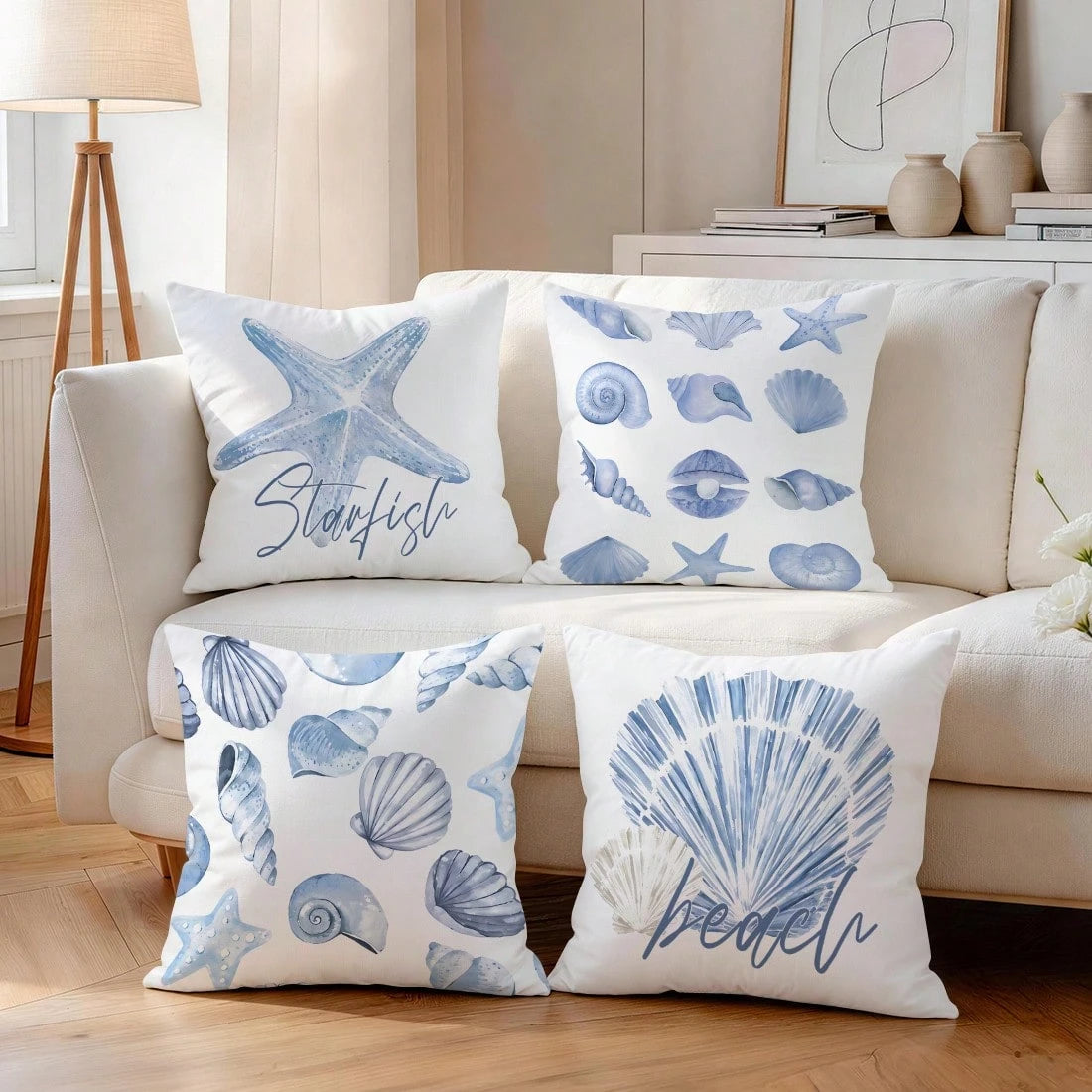 4pcs Light Blue Seashell & Starfish Pattern Pillow Covers, Single-Sided Printed Cushion Covers, Suitable For Living Room, Bedroom, Home Decor, All Seasons