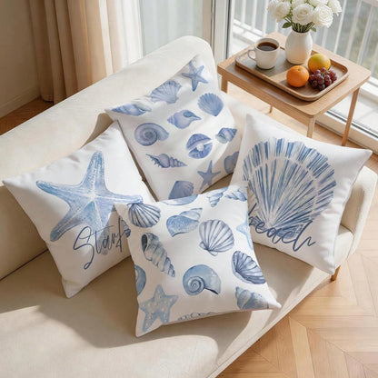 4pcs Light Blue Seashell & Starfish Pattern Pillow Covers, Single-Sided Printed Cushion Covers, Suitable For Living Room, Bedroom, Home Decor, All Seasons