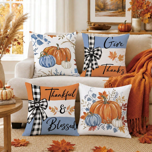 4pcs Minimalist Autumn Watercolor Pumpkin Cushion Covers, Single-Sided Printed Peach Skin Velvet Polyester Material, 45*45/50*50CM Pillow Covers Suitable For Room Decoration, Modern Minimalist Sofa Li