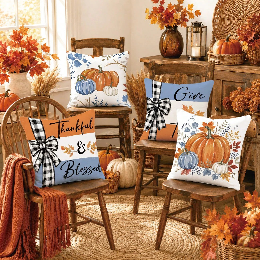 4pcs Minimalist Autumn Watercolor Pumpkin Cushion Covers, Single-Sided Printed Peach Skin Velvet Polyester Material, 45*45/50*50CM Pillow Covers Suitable For Room Decoration, Modern Minimalist Sofa Li