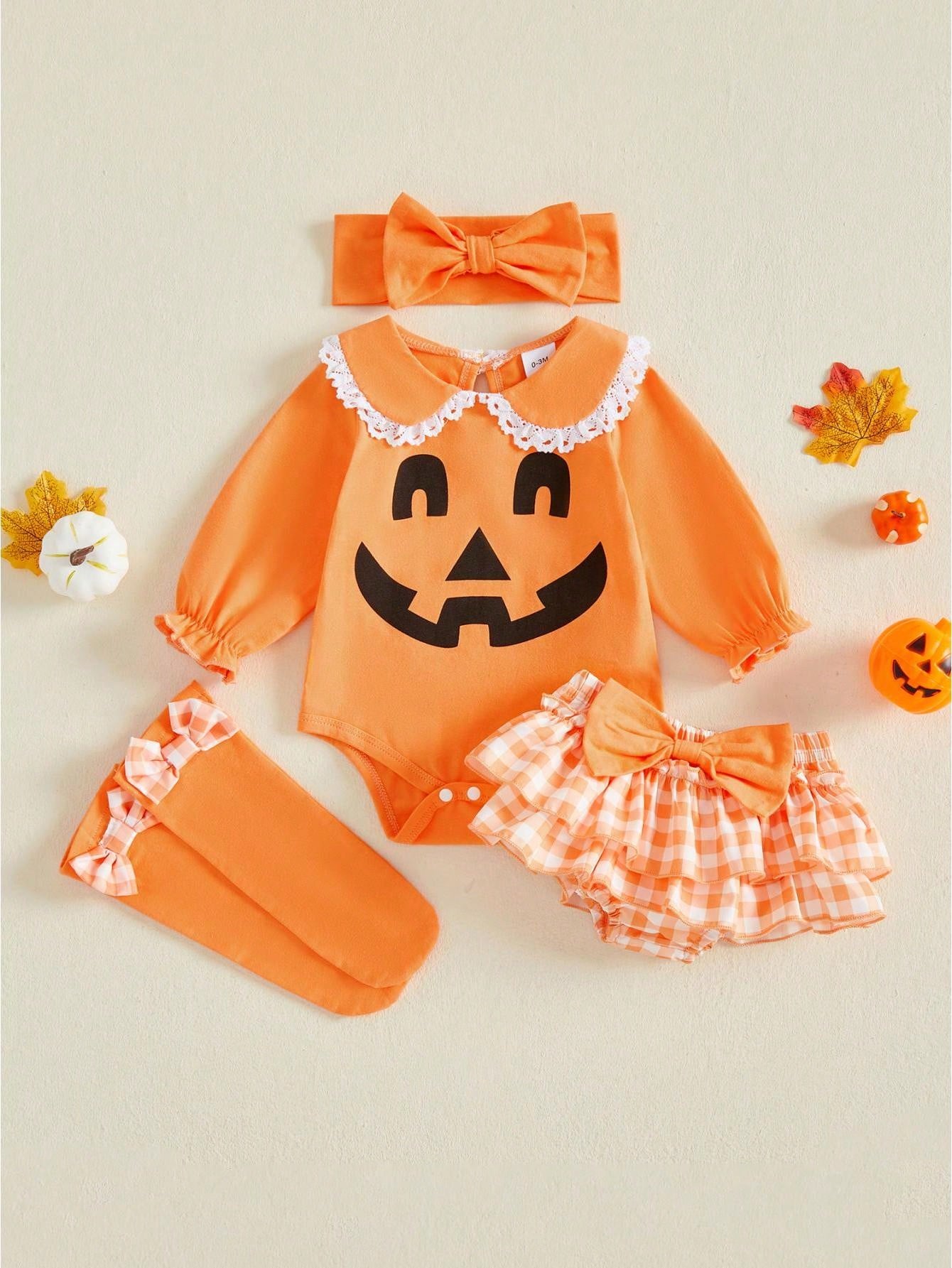 4Pcs Newborn Baby Girl Halloween Clothes Long Sleeve Romper Tops + Ruffles Skort Skirt + Headband + Socks 3M 6M 9M 12M 18M Infant Casual Skirt Set