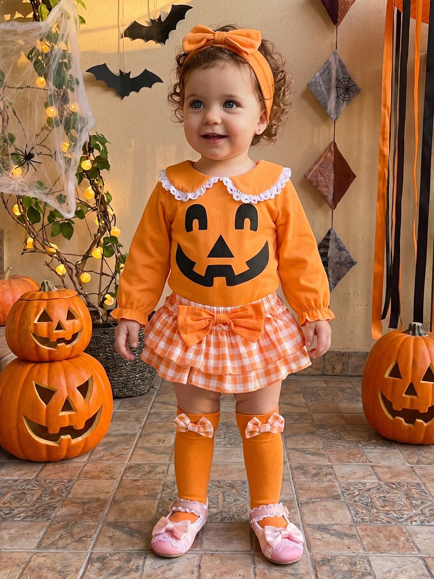 4Pcs Newborn Baby Girl Halloween Clothes Long Sleeve Romper Tops + Ruffles Skort Skirt + Headband + Socks 3M 6M 9M 12M 18M Infant Casual Skirt Set
