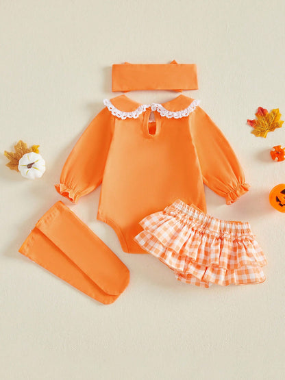 4Pcs Newborn Baby Girl Halloween Clothes Long Sleeve Romper Tops + Ruffles Skort Skirt + Headband + Socks 3M 6M 9M 12M 18M Infant Casual Skirt Set