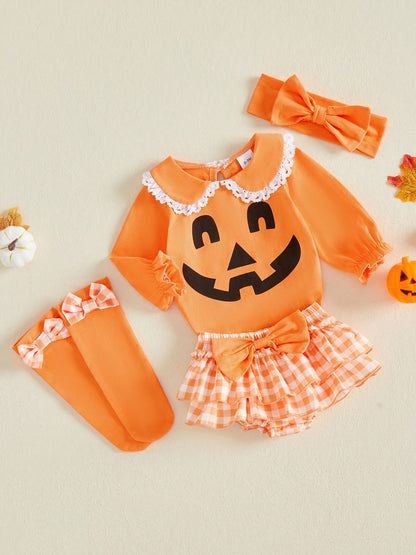 4Pcs Newborn Baby Girl Halloween Clothes Long Sleeve Romper Tops + Ruffles Skort Skirt + Headband + Socks 3M 6M 9M 12M 18M Infant Casual Skirt Set