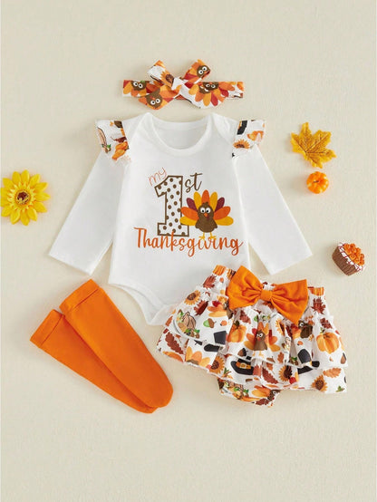 4Pcs Newborn Baby Girl Thanksgiving Clothes Long Sleeve Romper Tops + Skort Skirt + Headband + Socks 3M 6M 9M 12M 18M Infant Casual Skirt Set