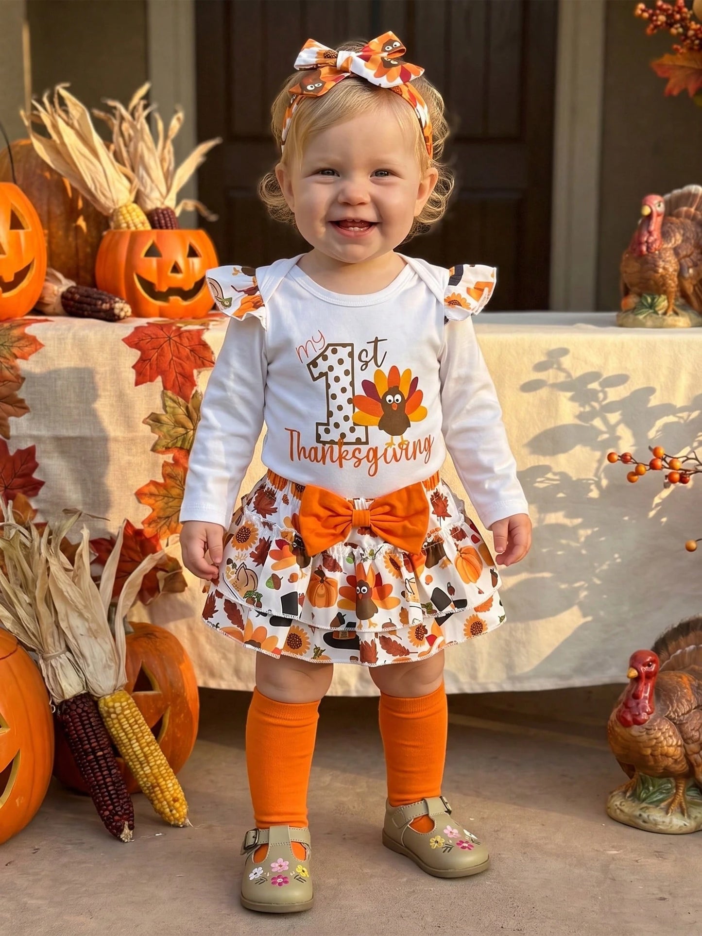 4Pcs Newborn Baby Girl Thanksgiving Clothes Long Sleeve Romper Tops + Skort Skirt + Headband + Socks 3M 6M 9M 12M 18M Infant Casual Skirt Set
