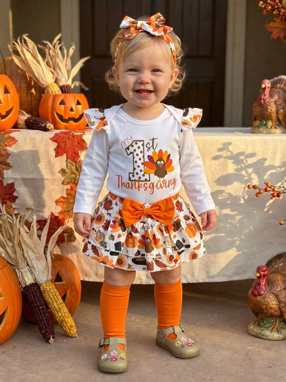 4Pcs Newborn Baby Girl Thanksgiving Clothes Long Sleeve Romper Tops + Skort Skirt + Headband + Socks 3M 6M 9M 12M 18M Infant Casual Skirt Set