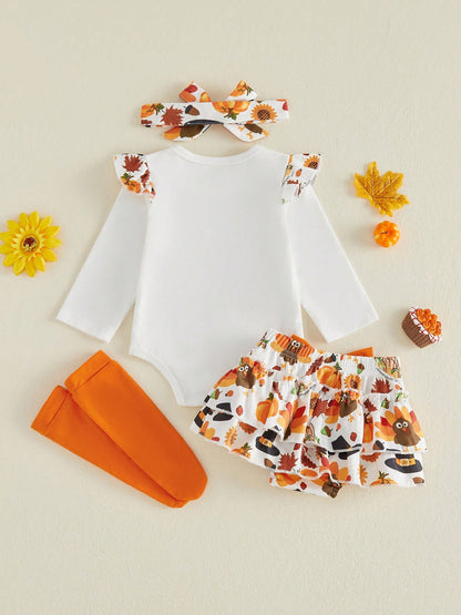 4Pcs Newborn Baby Girl Thanksgiving Clothes Long Sleeve Romper Tops + Skort Skirt + Headband + Socks 3M 6M 9M 12M 18M Infant Casual Skirt Set